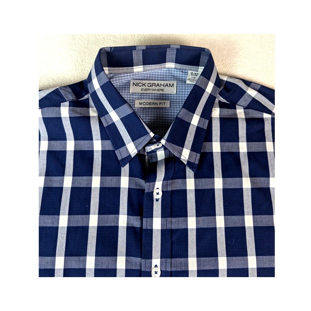 Nick Graham Shirt Men's Everywhere Modern Fit Button Down Blue White Plaid Large